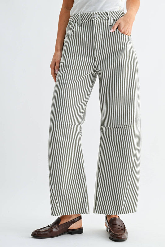 Olive Stripe Barrel Jean with Seams