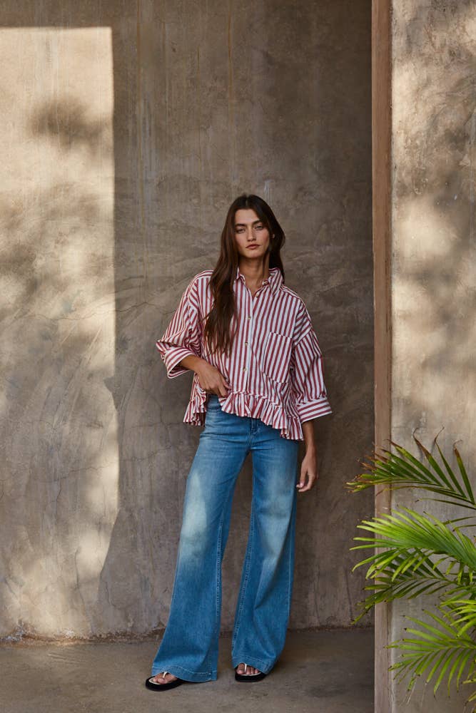 Ruffle Hem Striped Buttondown Shirt