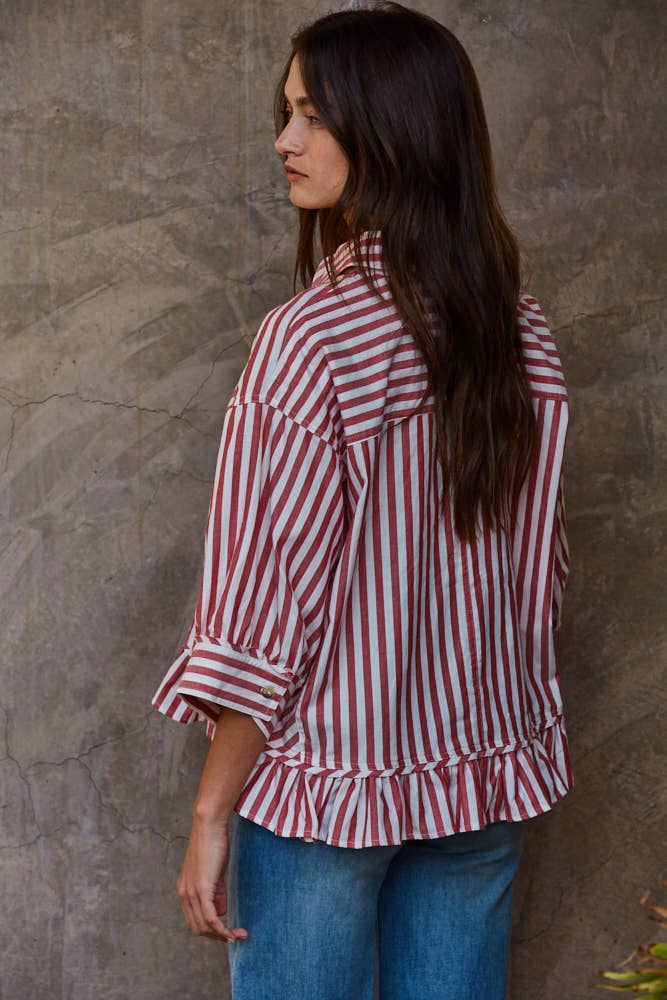 Ruffle Hem Striped Buttondown Shirt