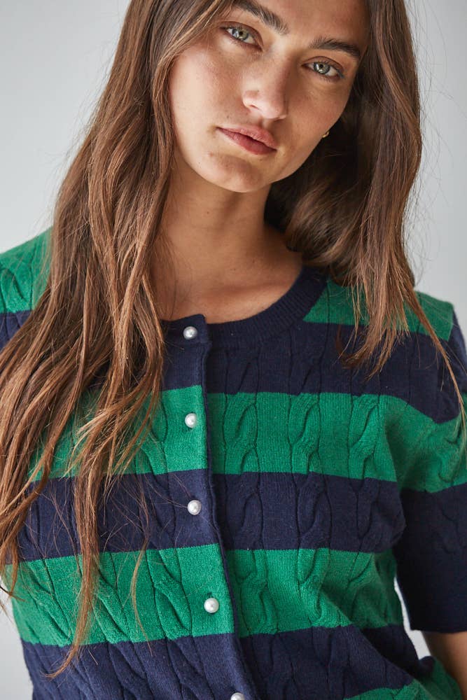 Striped Cable Knit Short Sleeve Cardigan in Navy & Green
