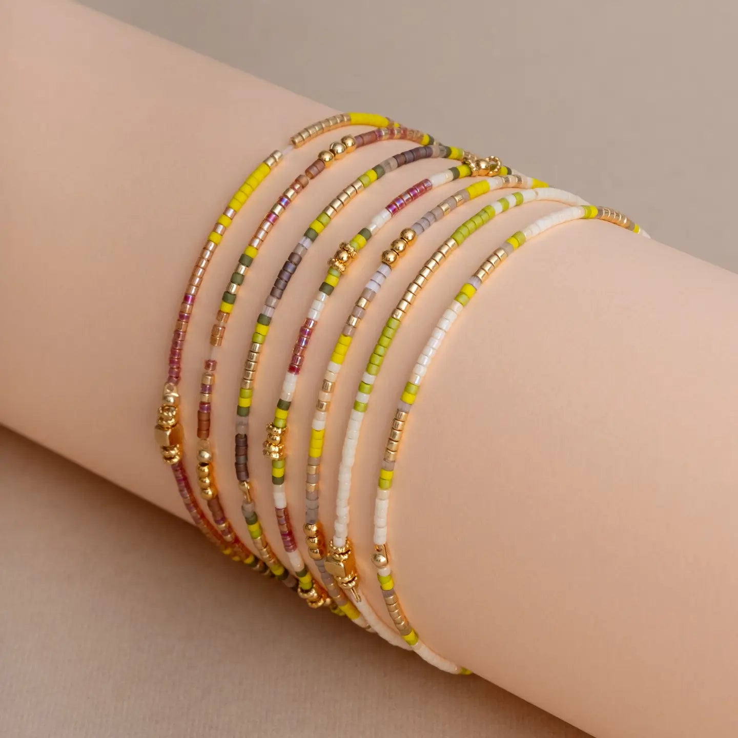Miyuki Beaded Stretch Bracelet Set in Citron/Tan/Cream