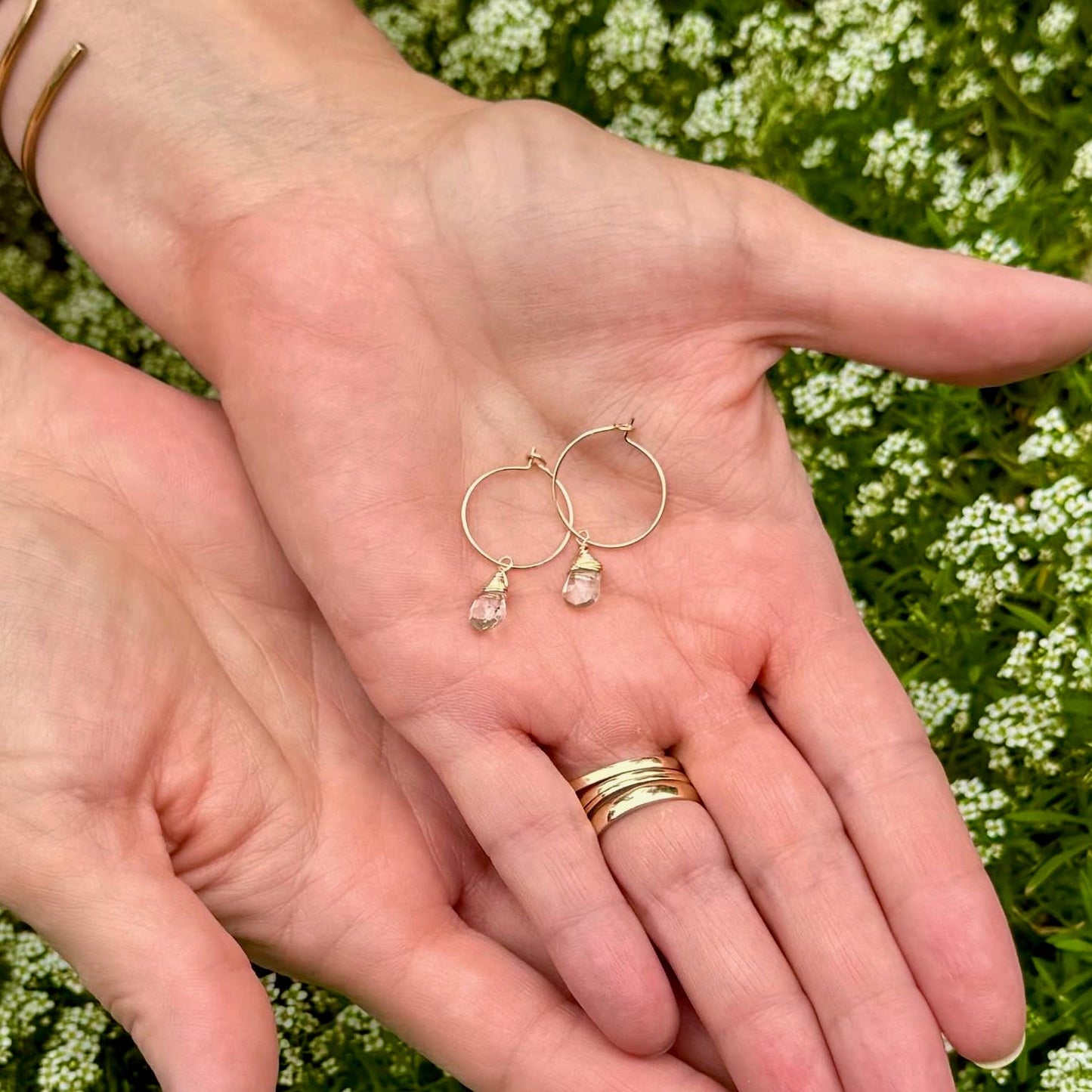 Aqua Quartz Charm Mini Hoop Earrings in 14k Gold Filled