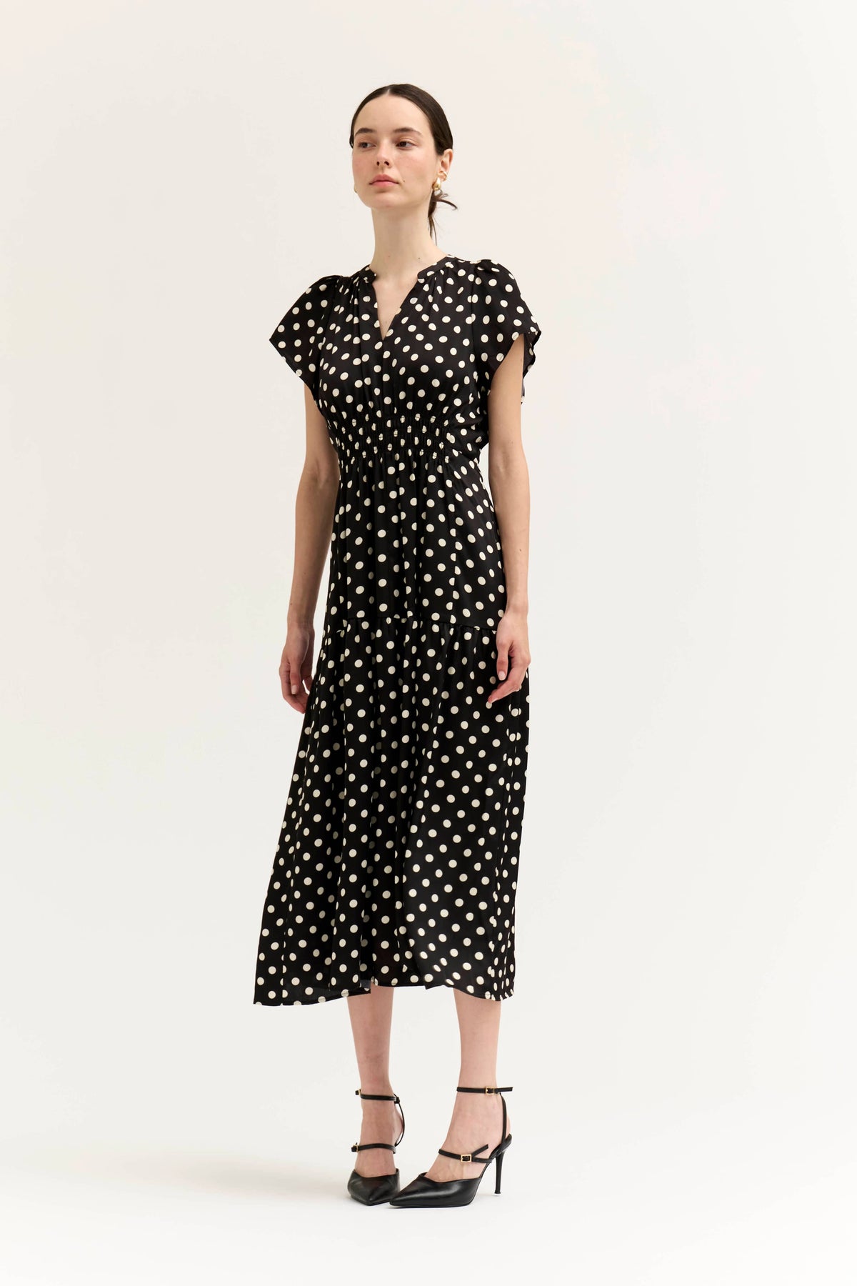 Polka Dot Ruffle Satin Midi Dress