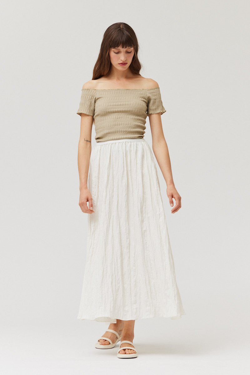 Crinkle Fabric Midi Skirt in Milk