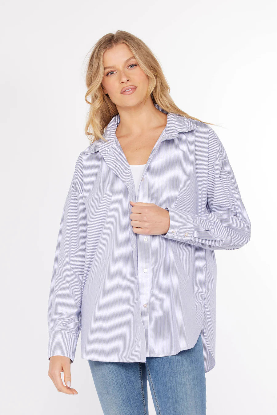 Oversized Shirt in White & Denim Stripe