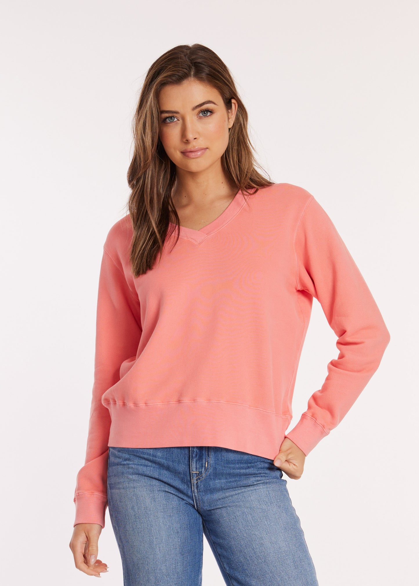 Classic Deep V-Neck Sweatshirt in Coral