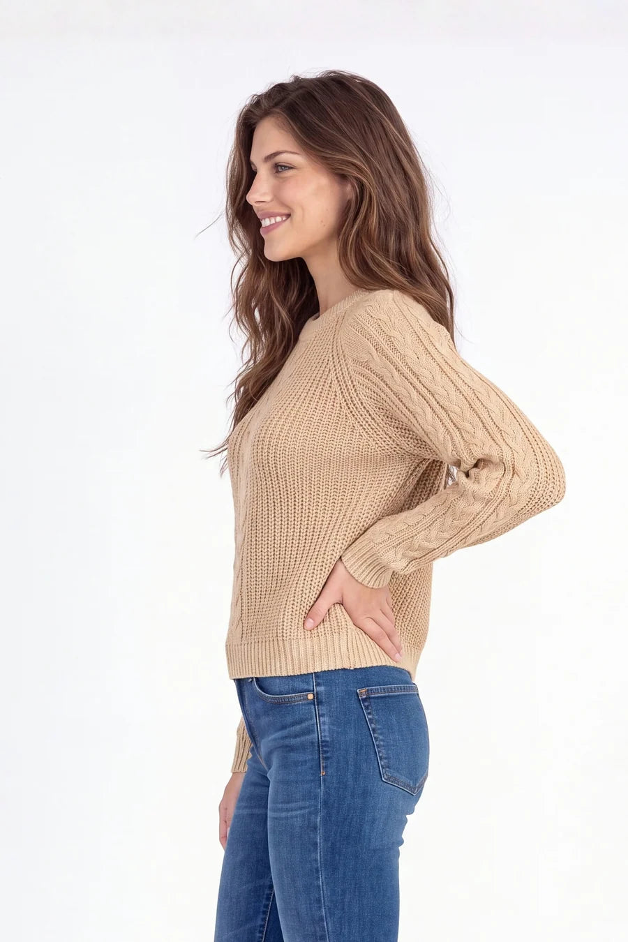  Crewneck Cable-Sleeve Sweater in Vintage Pearl - product photo