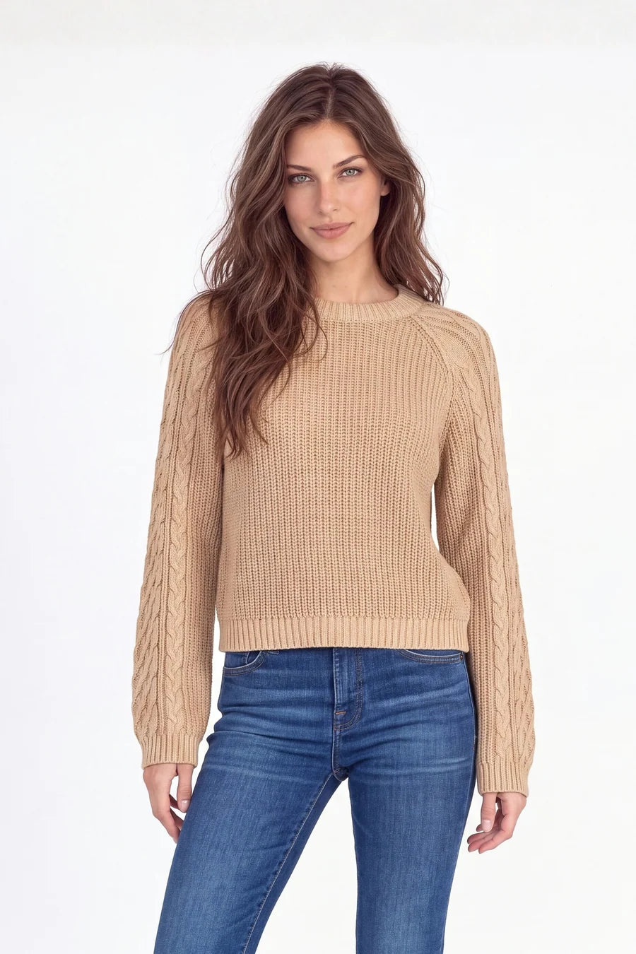 Mododoc Crewneck Cable-Sleeve Sweater in Vintage Pearl - product photo