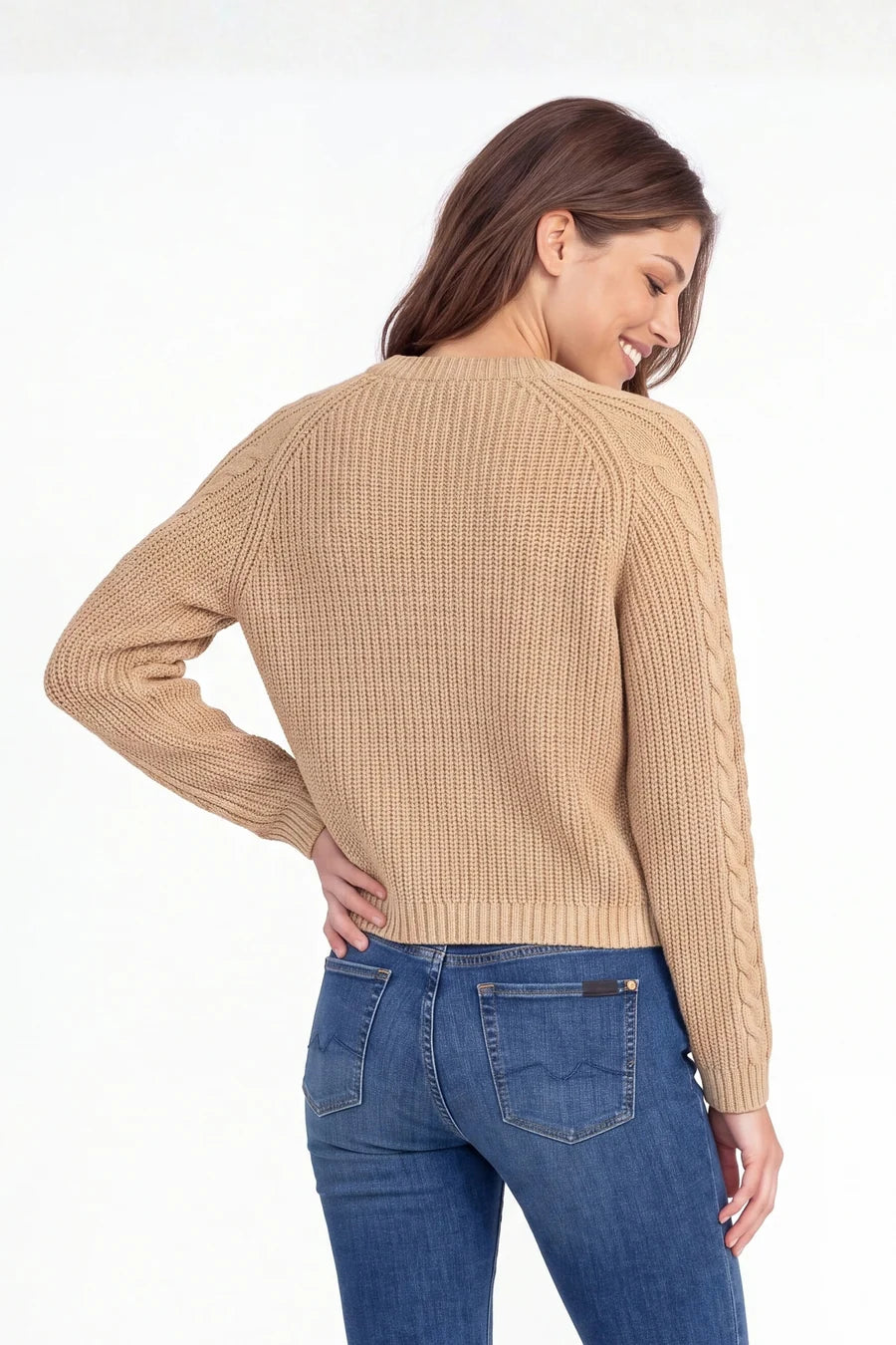  Crewneck Cable-Sleeve Sweater in Vintage Pearl - product photo