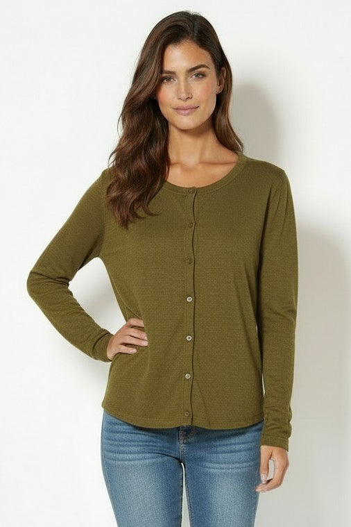 Button Front Slim Top in Shadow Fern