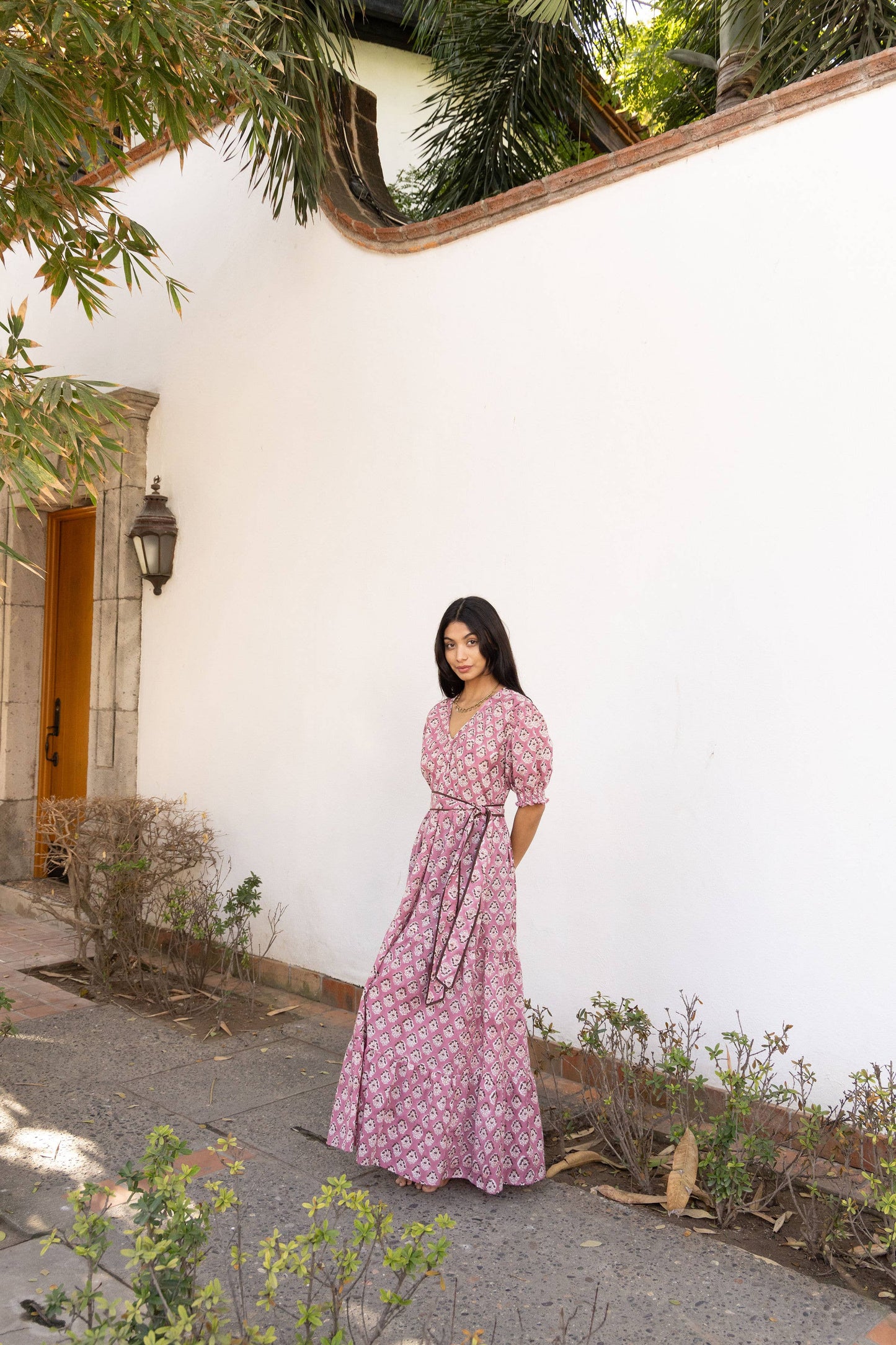 Imara Block Printed Cotton Maxi Dress in Rose
