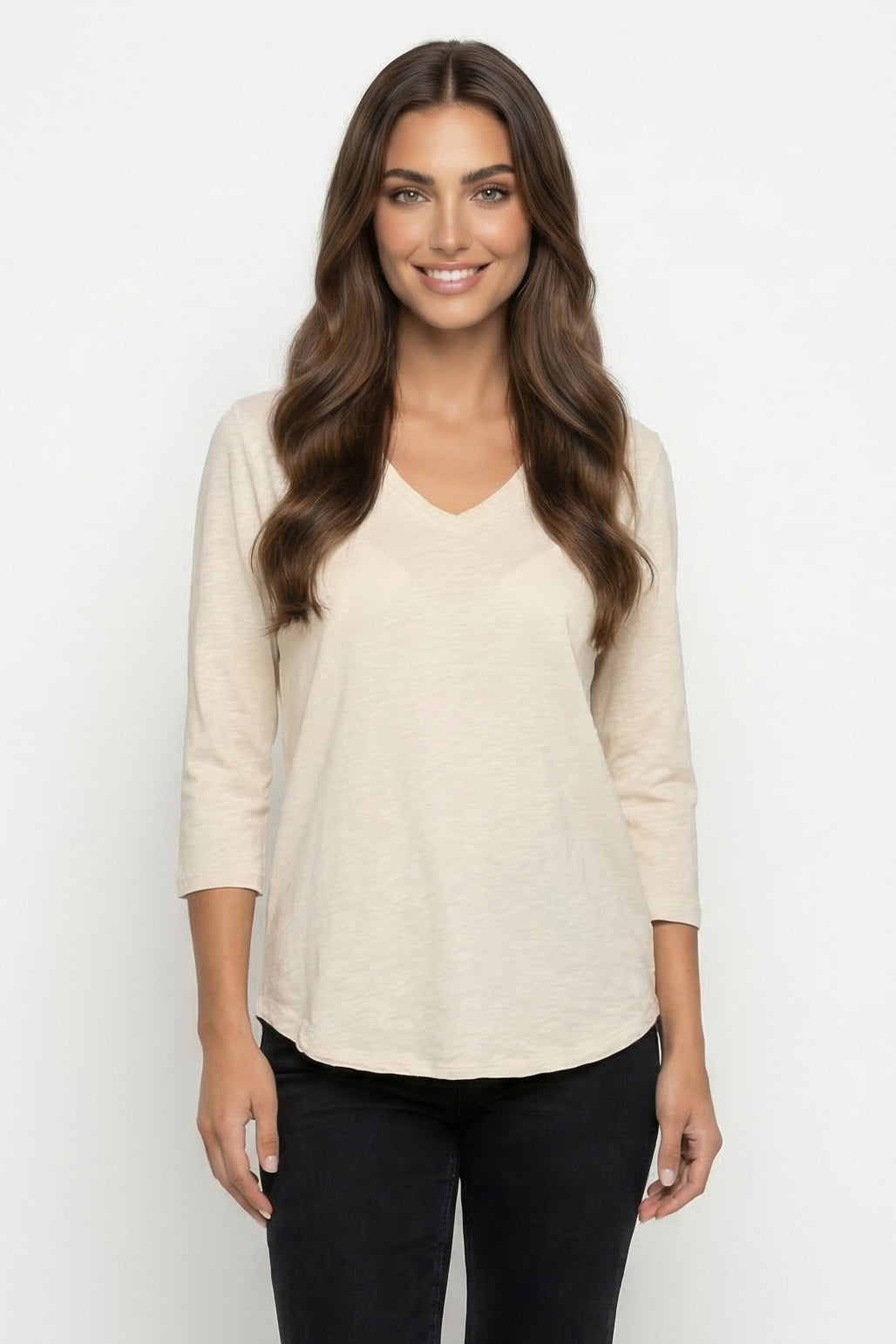 Mododoc 3/4-Sleeve V-Neck Tee with Curved Hem in Porcelain - product photo