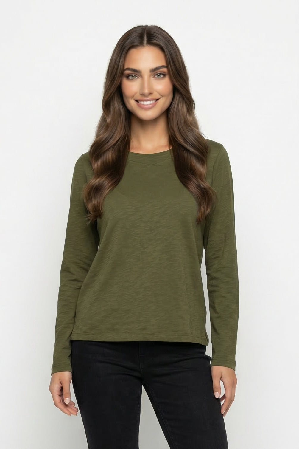 Mododoc Open-Crew Shrunken Long-Sleeve Tee in Tinsel Pine - product photo