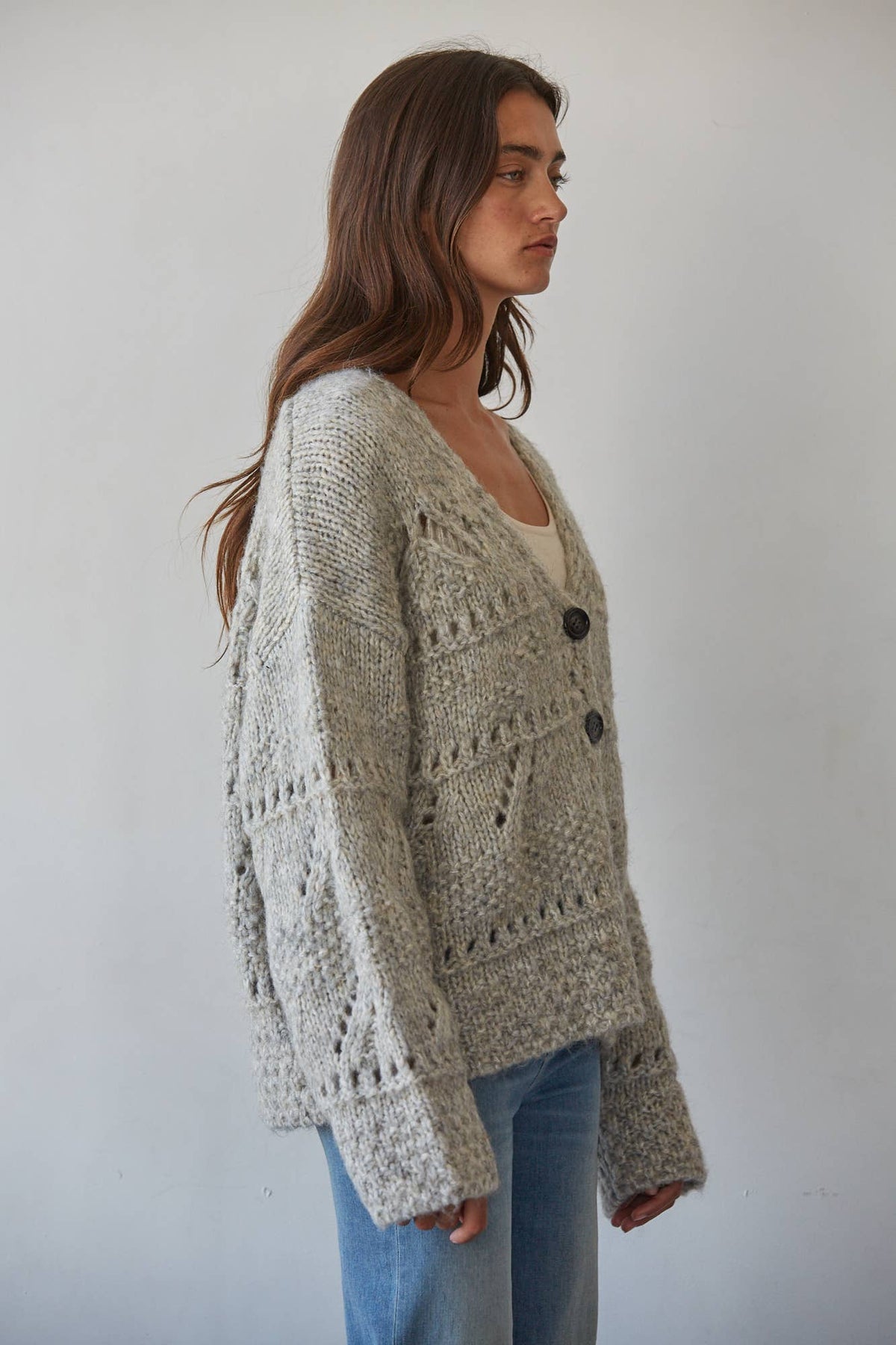 Textured Crochet Button-Front Cardigan in Heather Grey