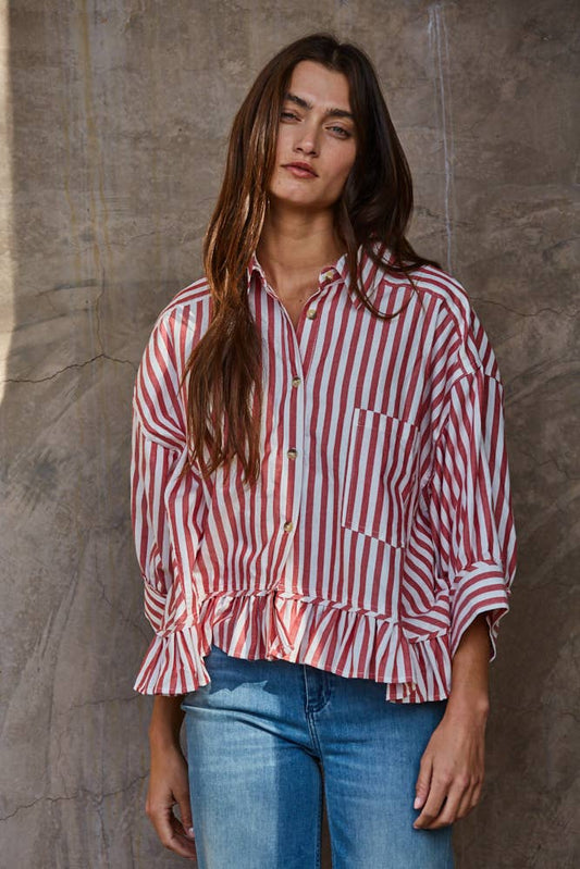 Ruffle Hem Striped Buttondown Shirt