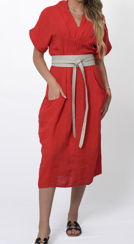 Linen V-Neck Fitted Dress in Red