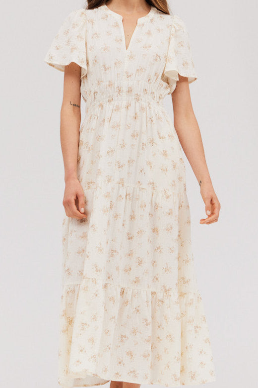 Printed Gauze Midi Dress in Natural