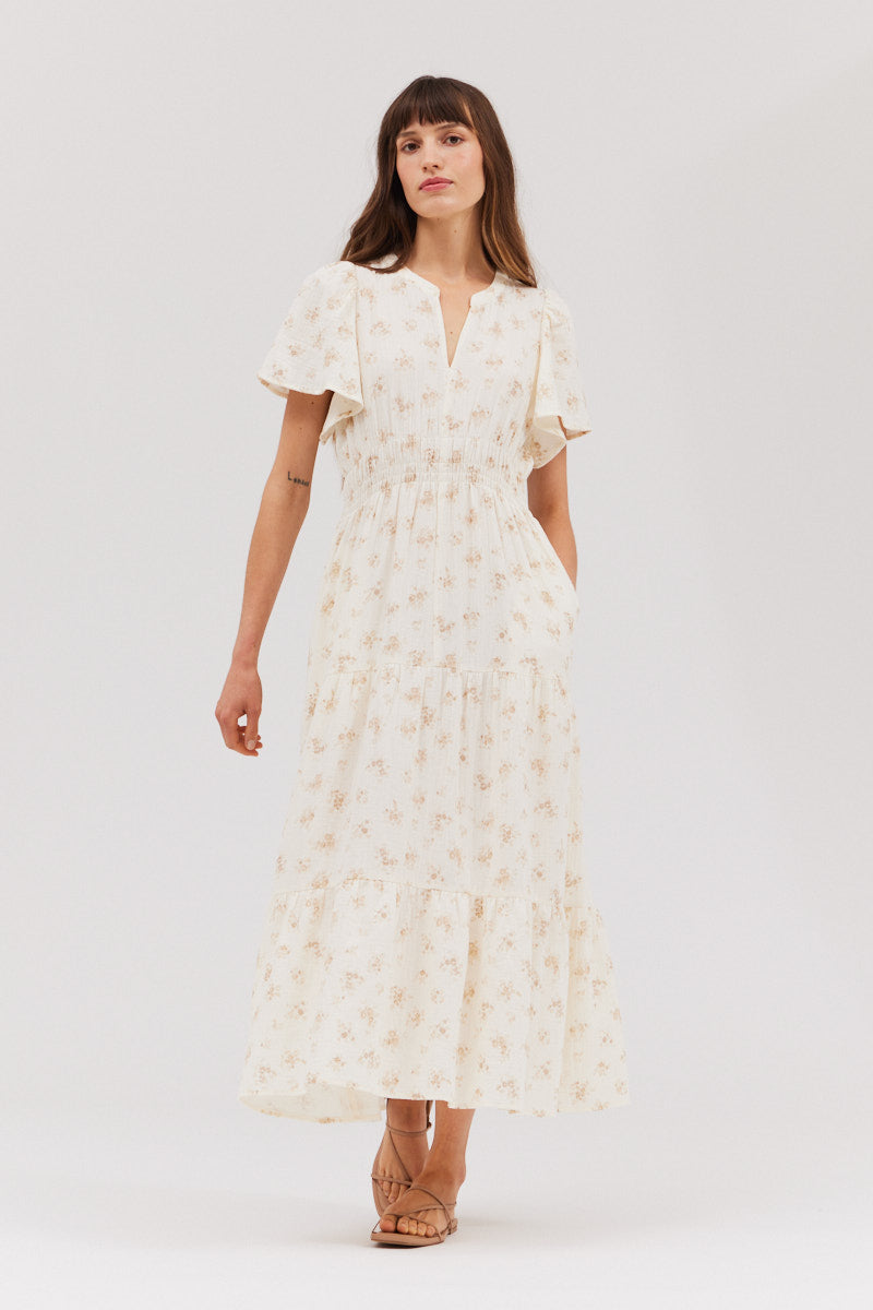 Printed Gauze Midi Dress in Natural