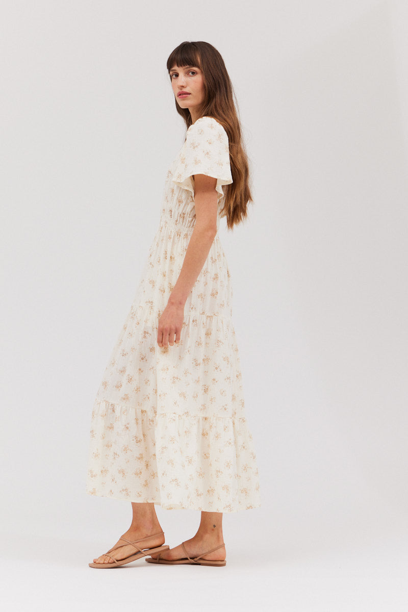 Printed Gauze Midi Dress in Natural