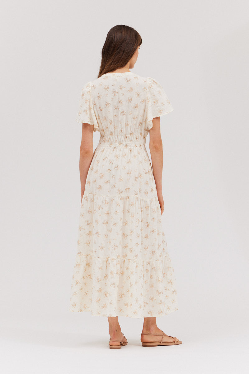 Printed Gauze Midi Dress in Natural