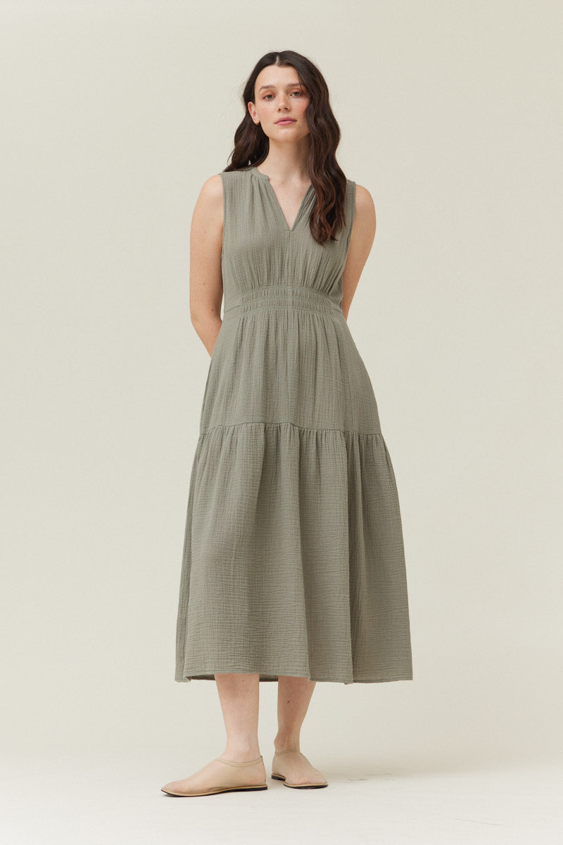 Solid Gauze Midi Dress in Dry Sage