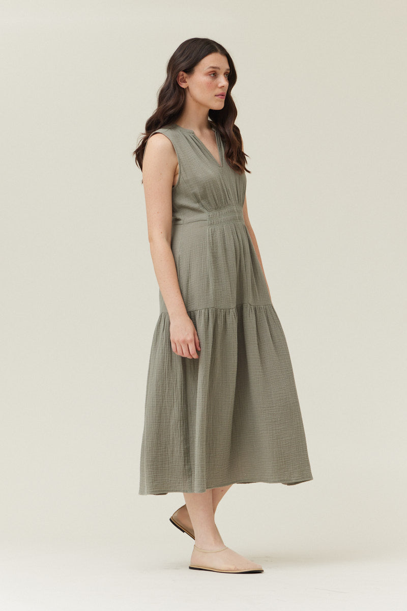 Solid Gauze Midi Dress in Dry Sage