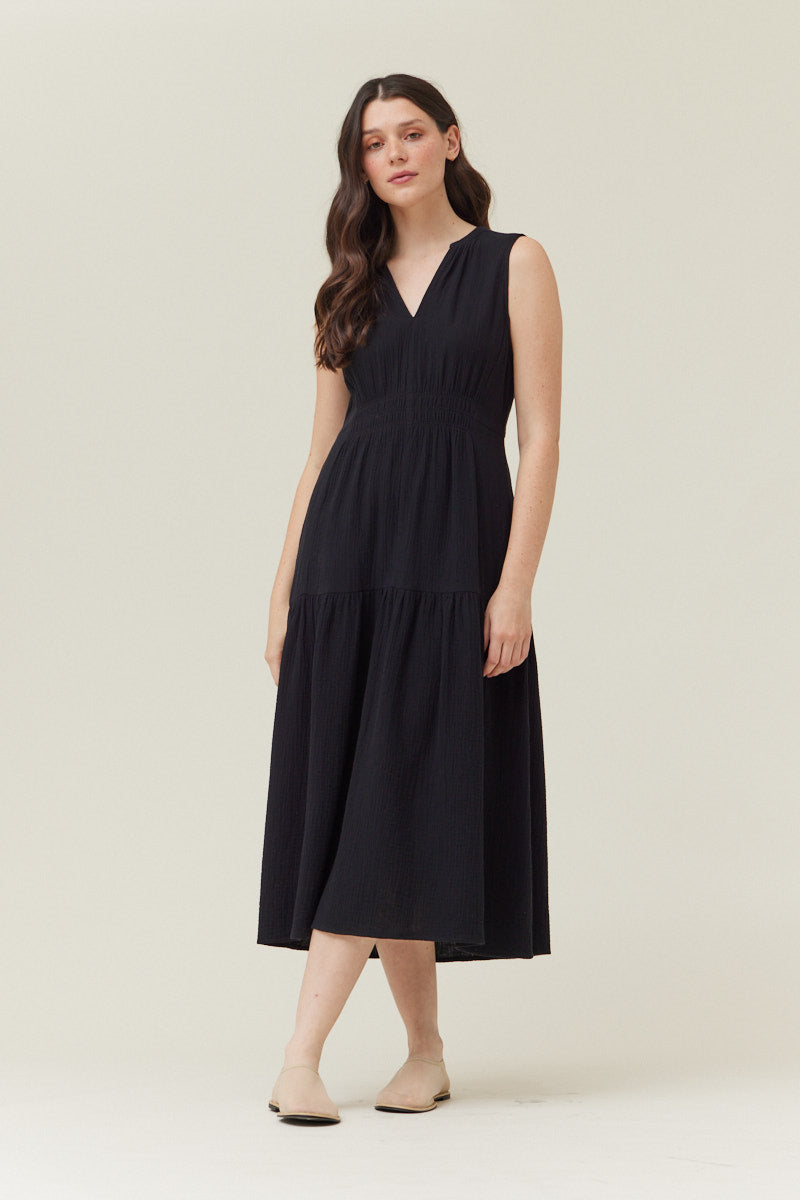 Solid Gauze Midi Dress in Pure Black