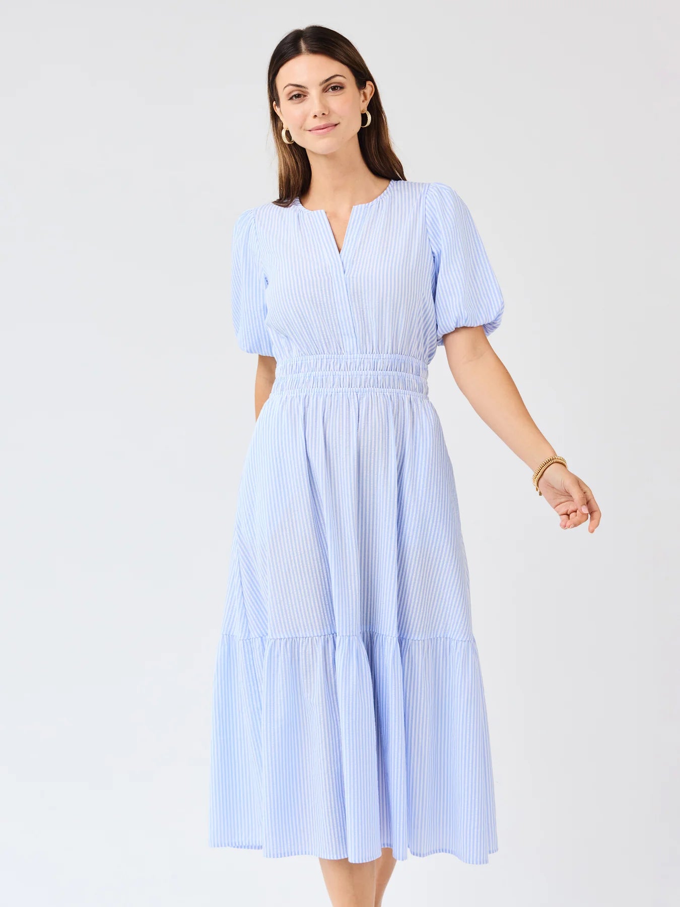 Tracey Seersucker Dress in Blue & White