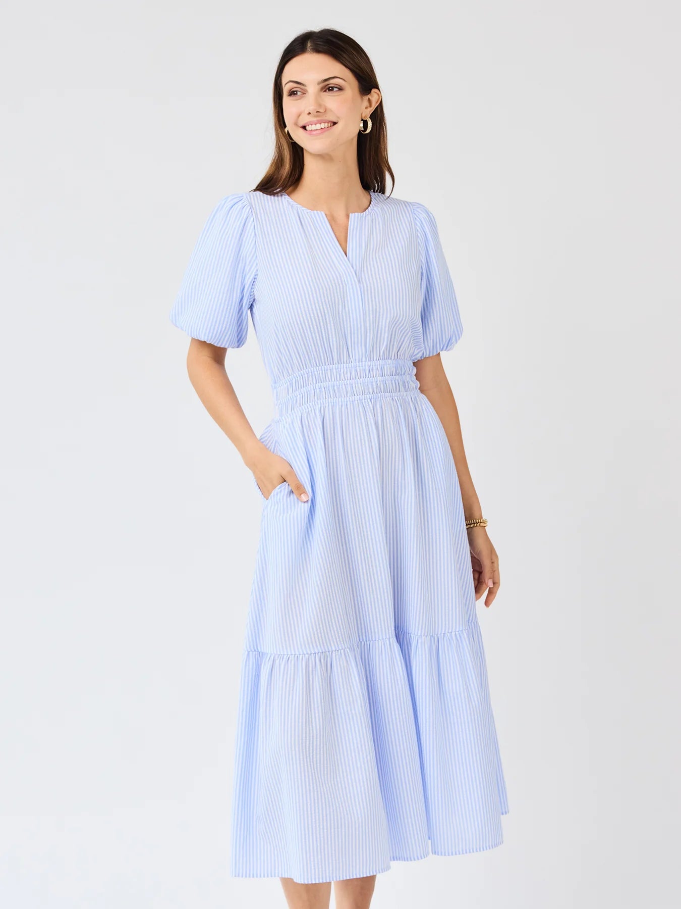 Tracey Seersucker Dress in Blue & White