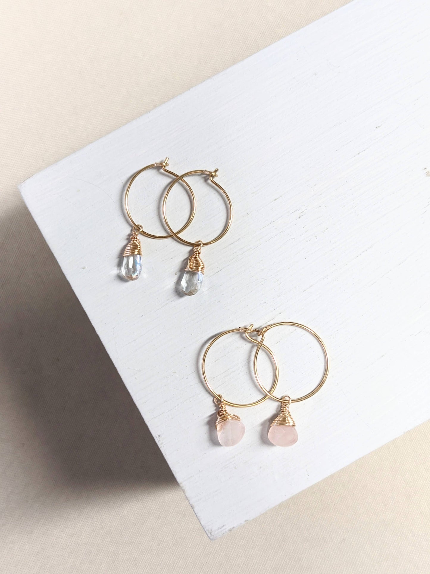 Rose Quartz Charm Mini Hoop Earrings in 14k Gold Filled