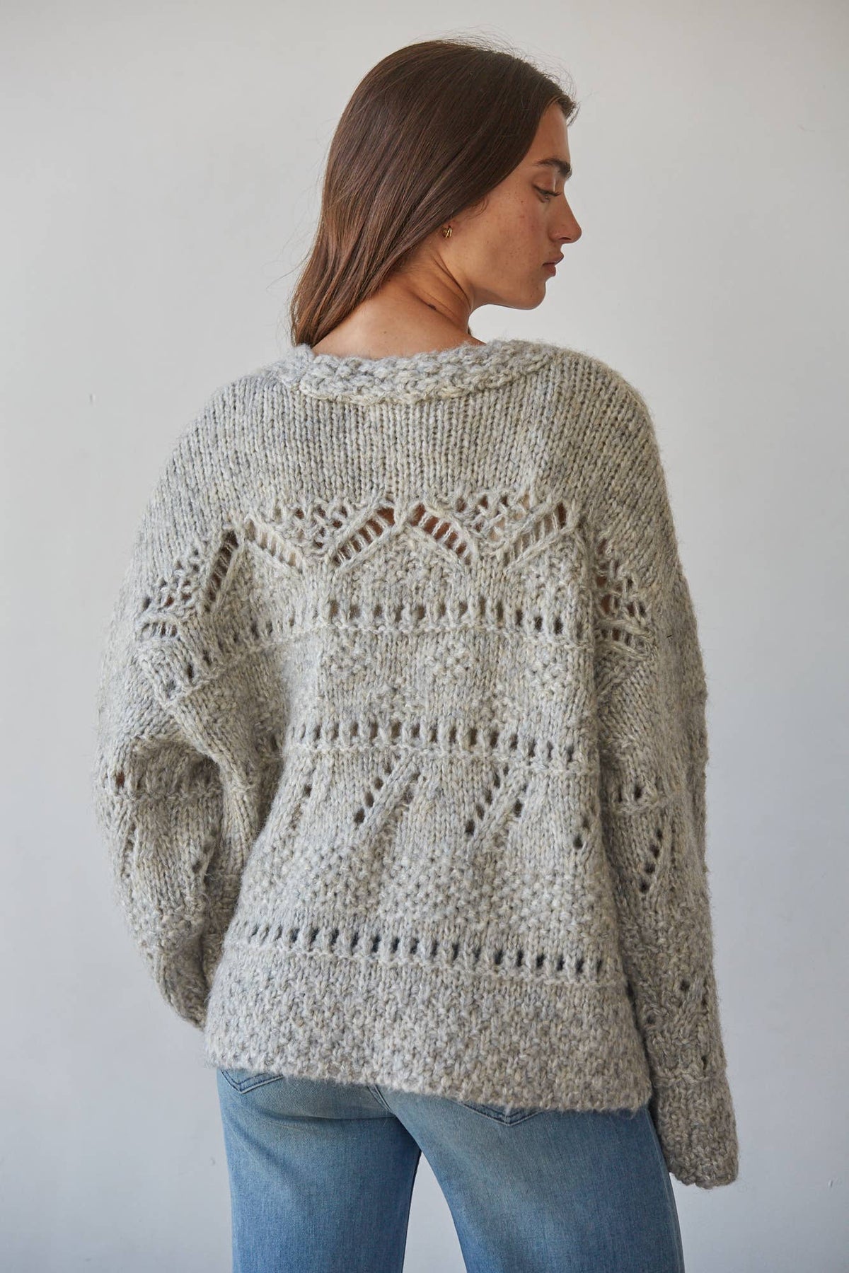 Textured Crochet Button-Front Cardigan in Heather Grey
