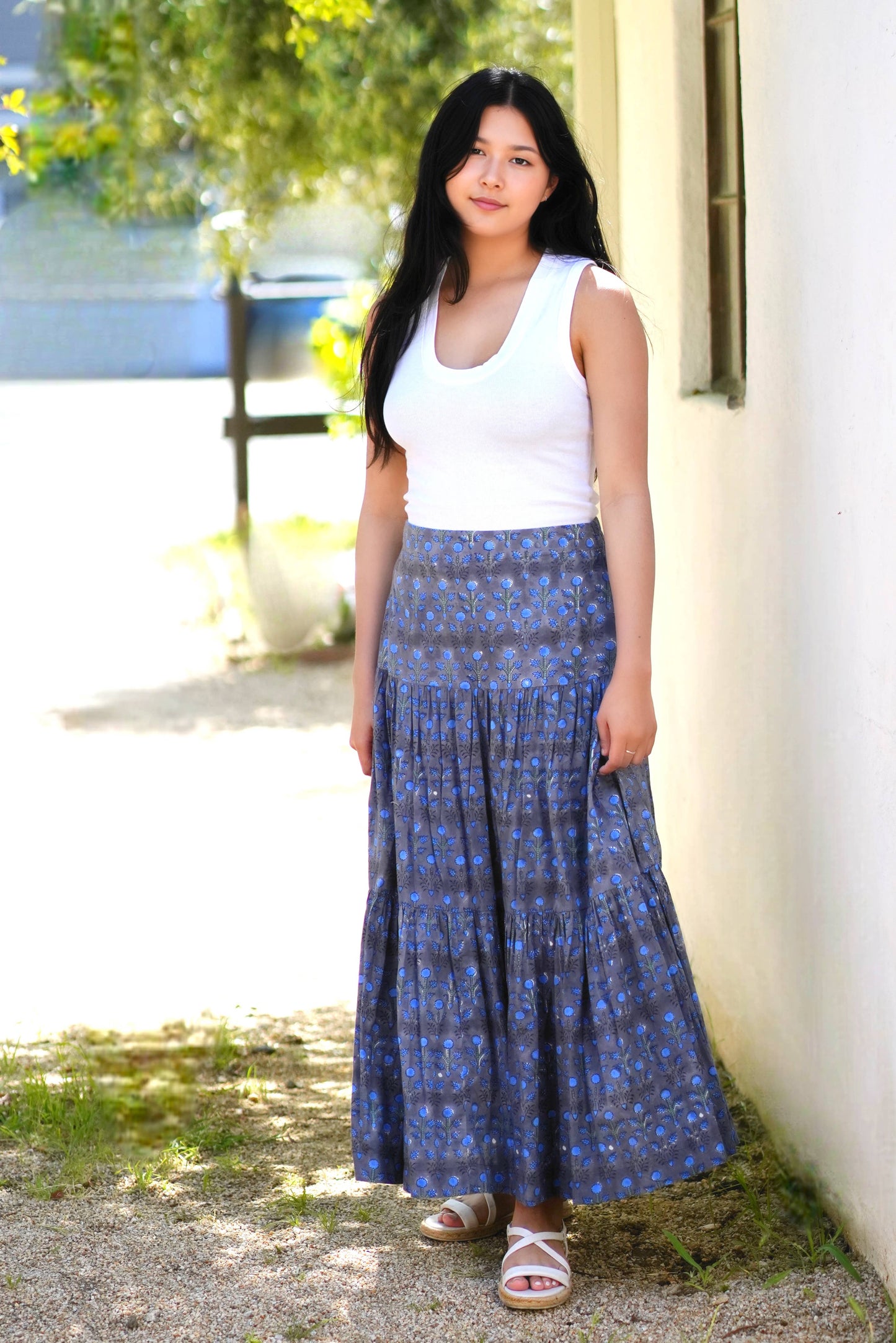 Block Printed Tiered Cotton Skirt- Grey Blue 