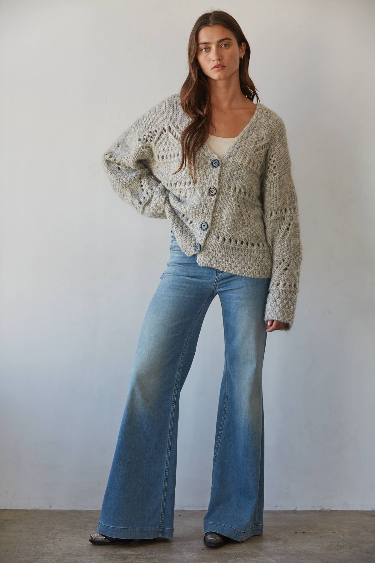 Textured Crochet Button-Front Cardigan in Heather Grey