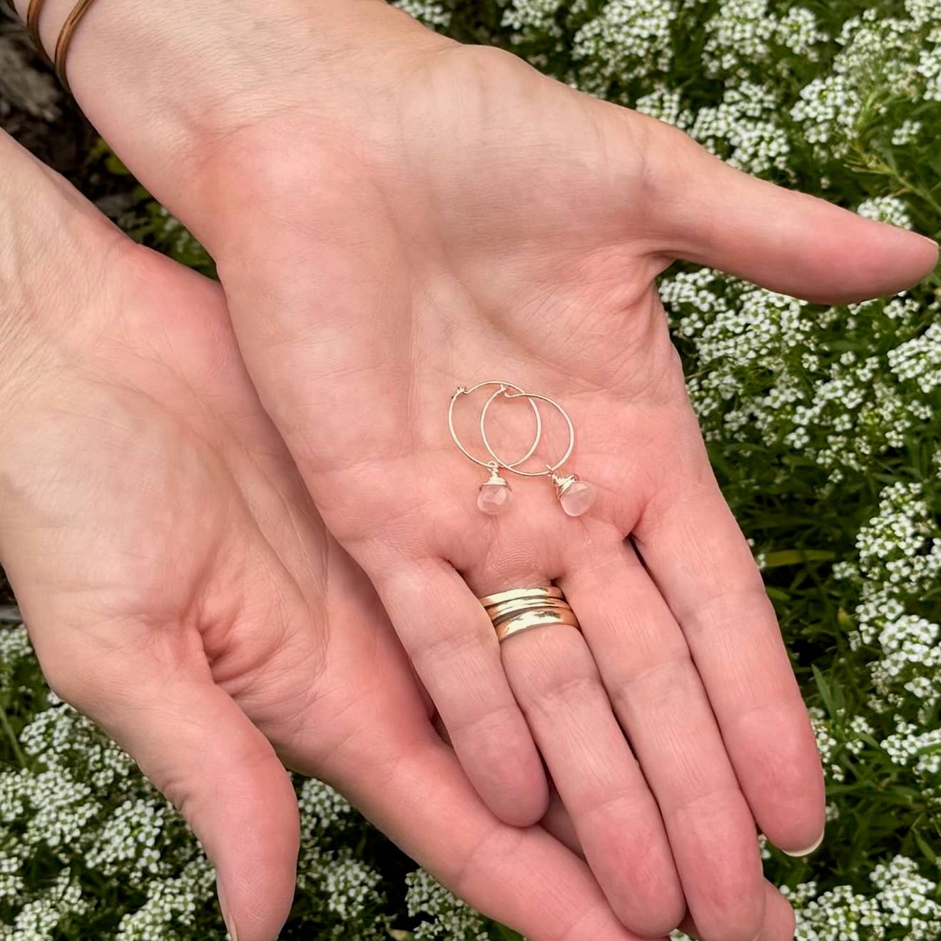 Rose Quartz Charm Mini Hoop Earrings in 14k Gold Filled