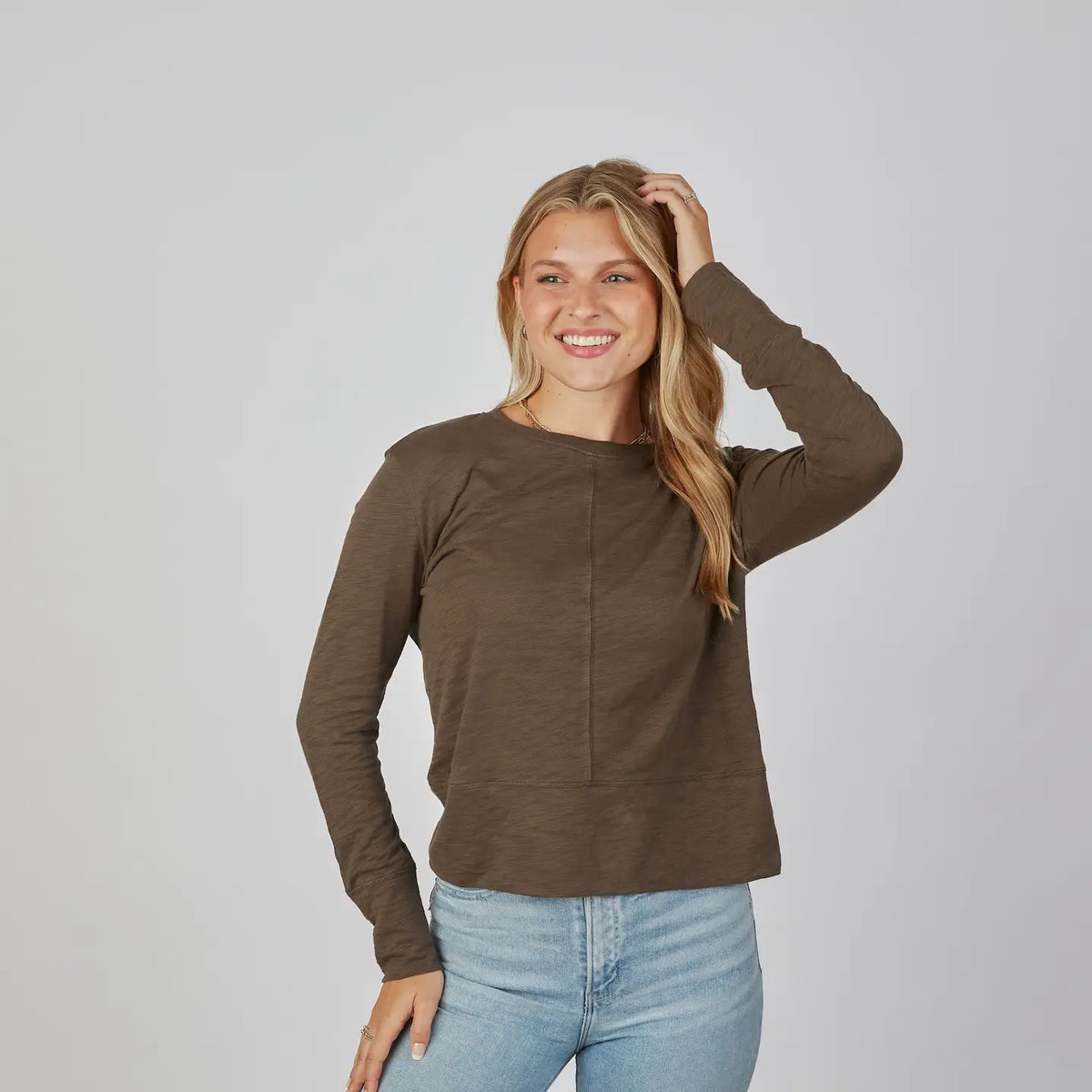 Celia Perfect Length Long Sleeve Tee in Espresso Brown