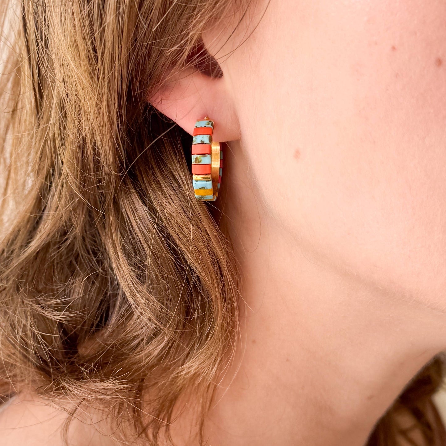 Turquoise Tila Bead Hoop Earrings