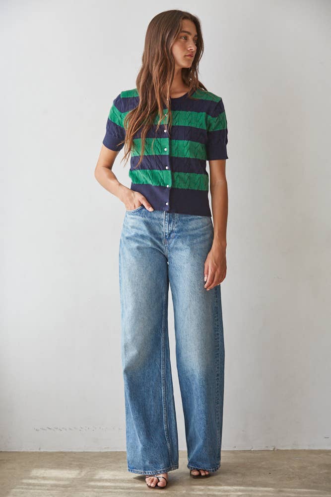 Striped Cable Knit Short Sleeve Cardigan in Navy & Green