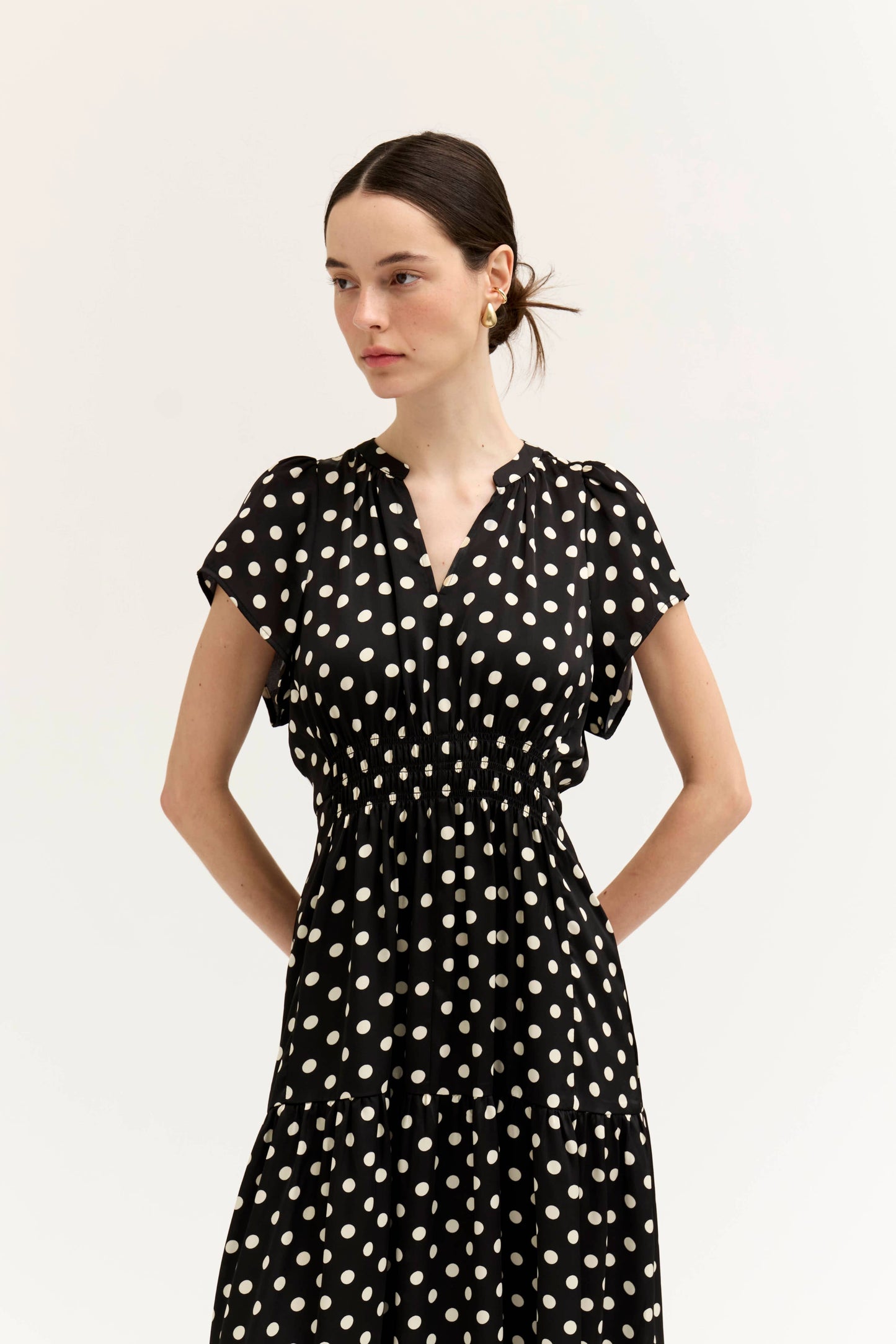 Polka Dot Ruffle Satin Midi Dress