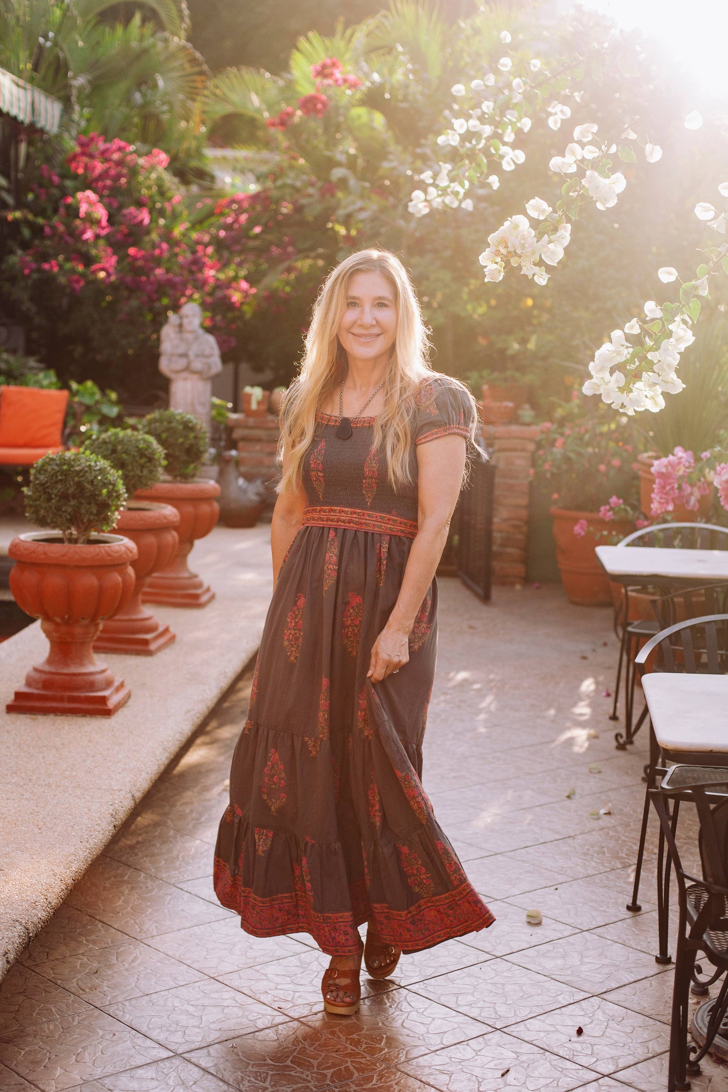 Paloma Block Printed Smocked Maxi Dress in Bougainvillea