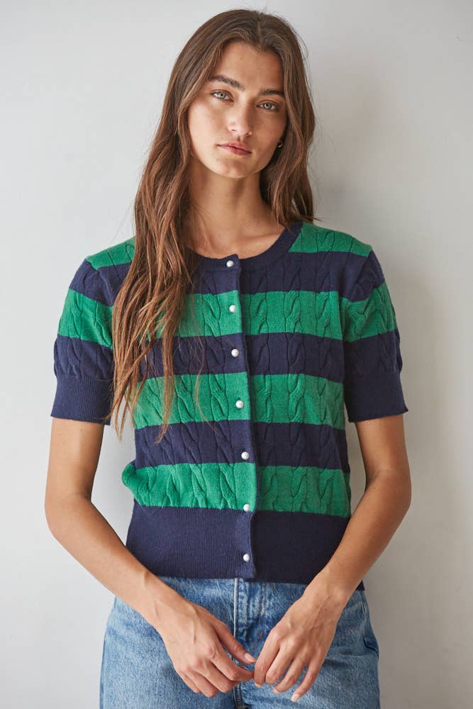 Striped Cable Knit Short Sleeve Cardigan in Navy & Green