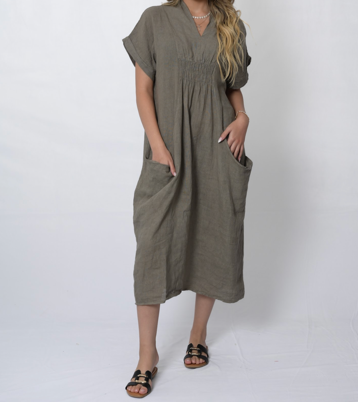 Linen V-Neck Fitted Dress in Taupe