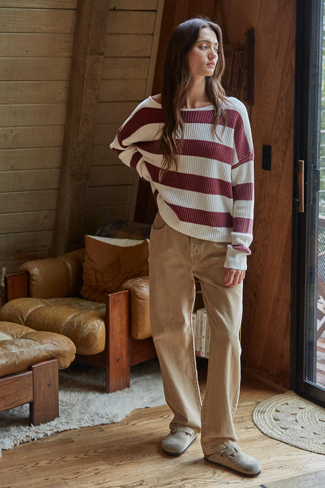 Calloway Striped Boatneck Sweater in Wine