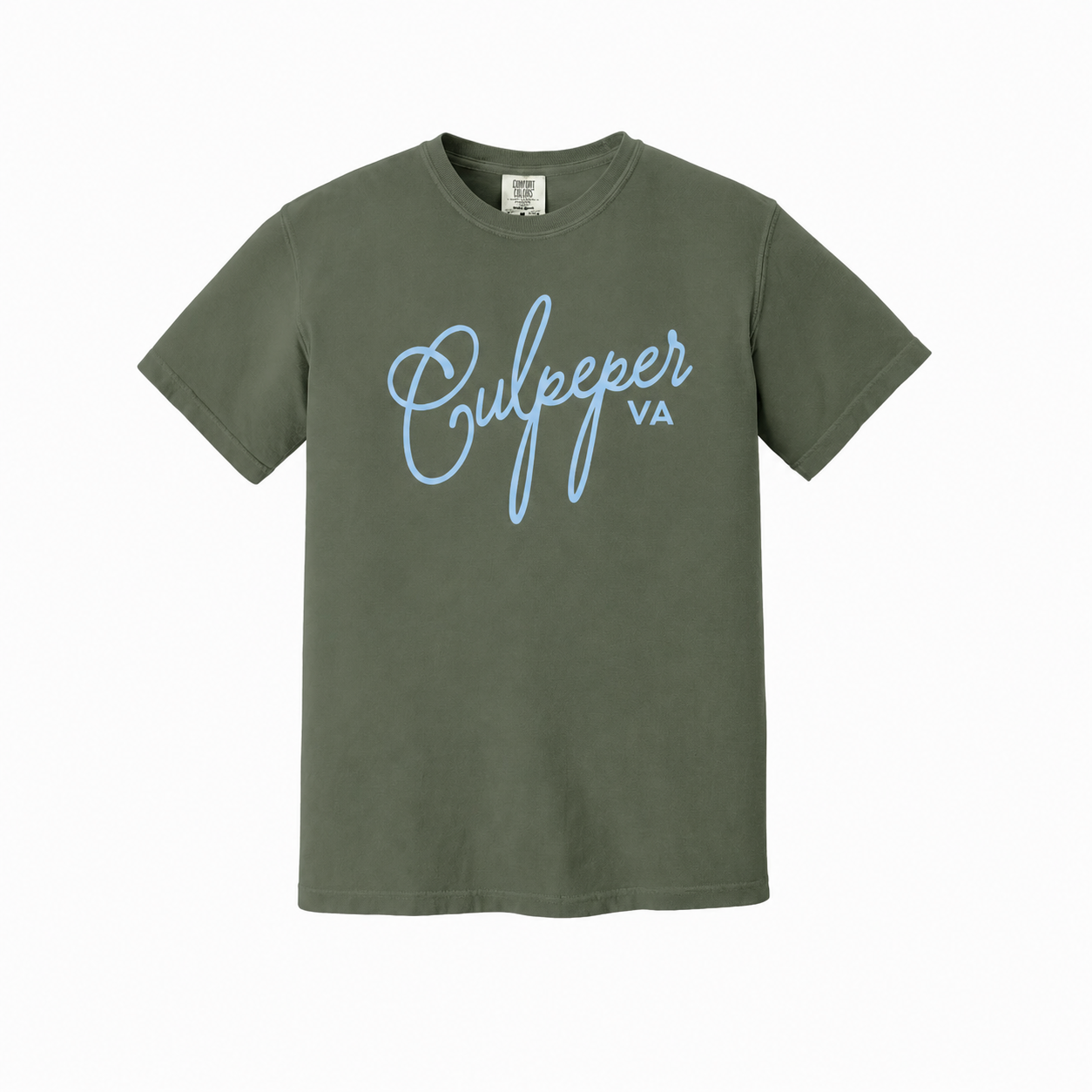 An olive green short-sleeve t-shirt with 'Culpeper VA' printed in light blue cursive script across the chest, displayed on a clean white background.