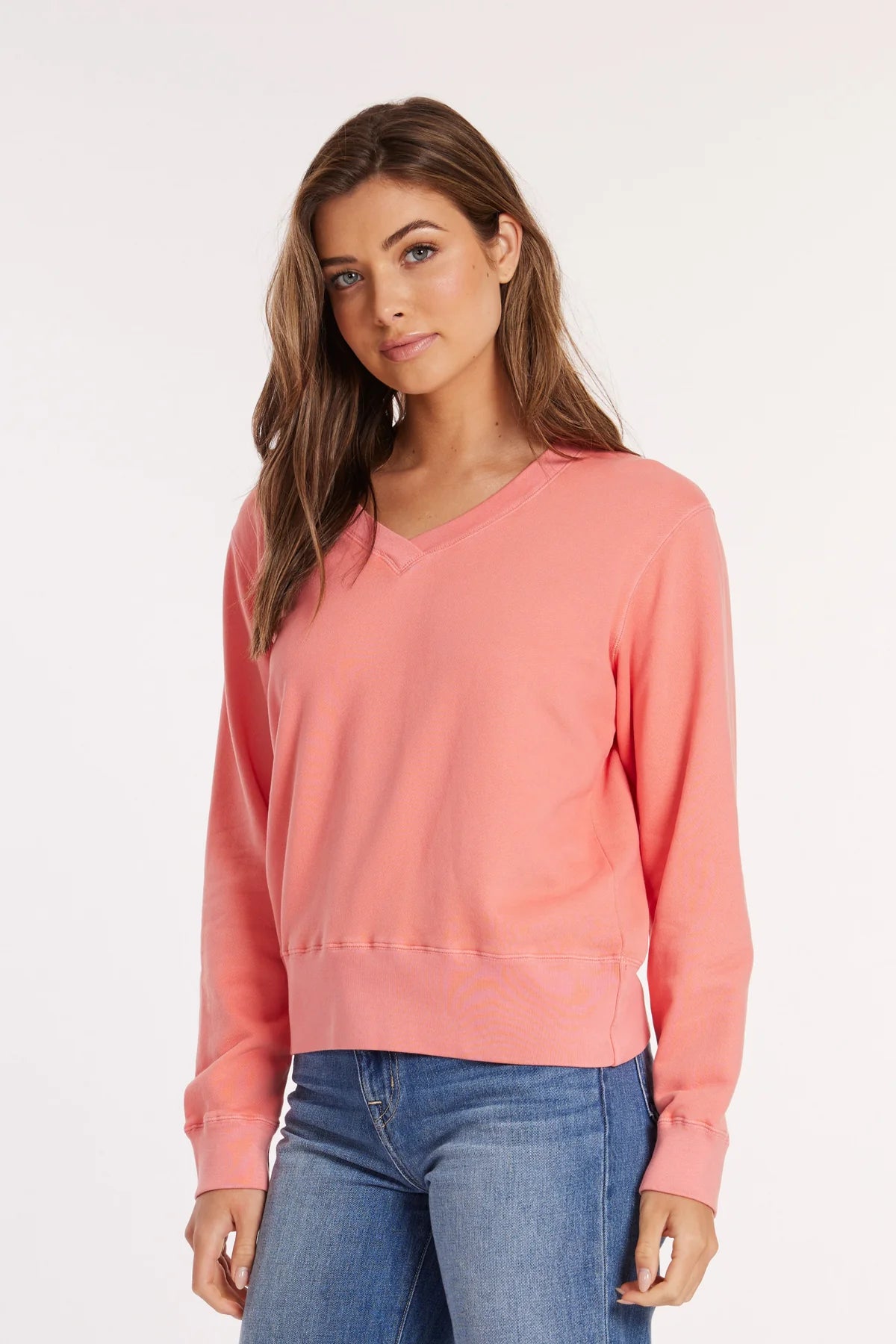 Classic Deep V-Neck Sweatshirt in Coral