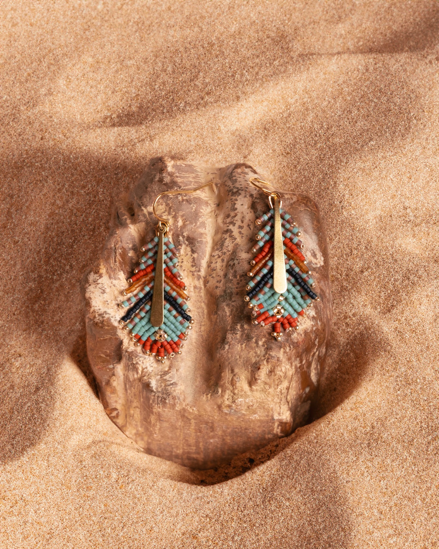 Gilded Feather Earrings in Rust & Aqua
