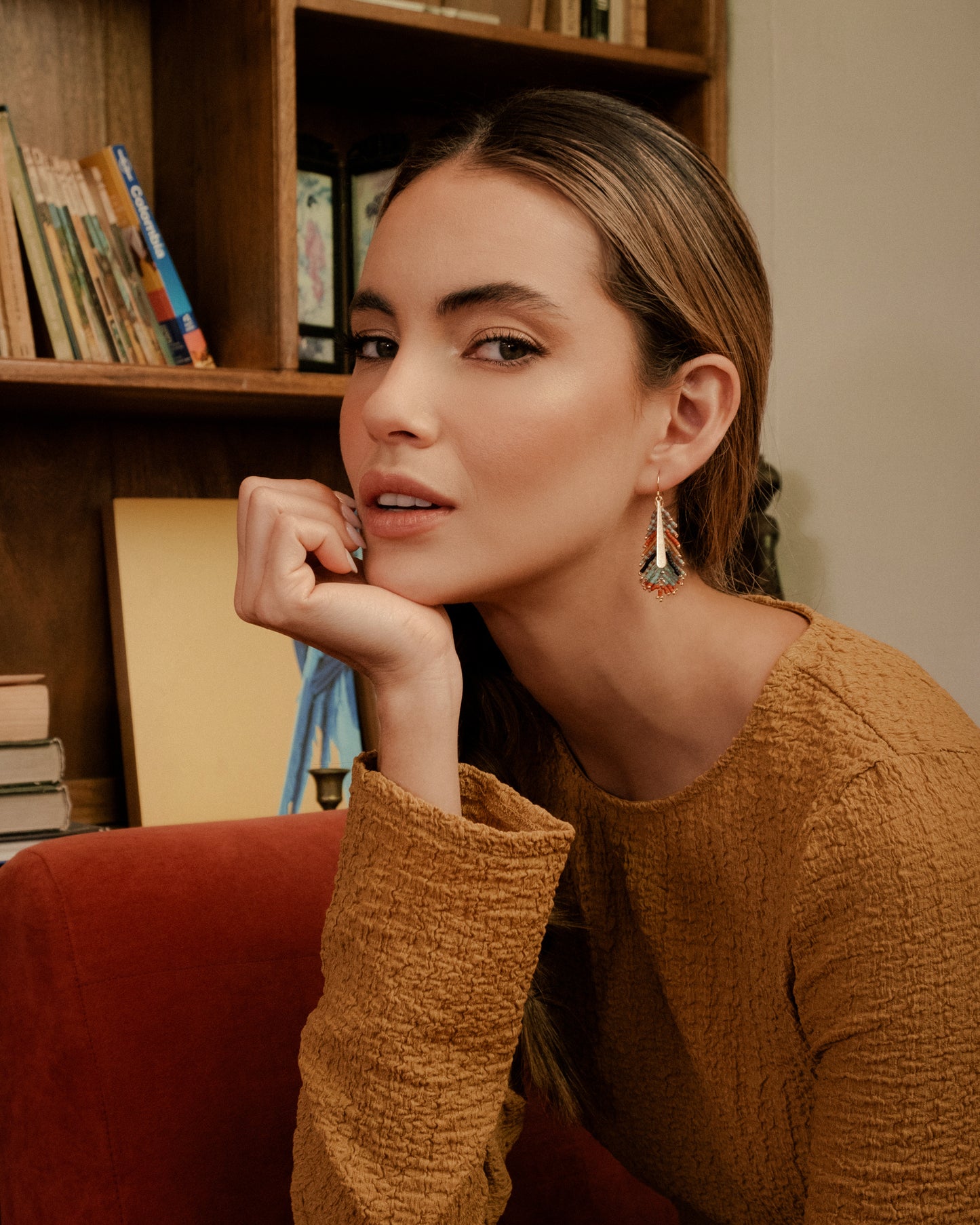 Gilded Feather Earrings in Rust & Aqua
