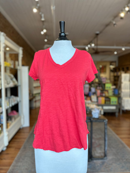 V-Neck Tee with Curve Hem in Glazed Cherry