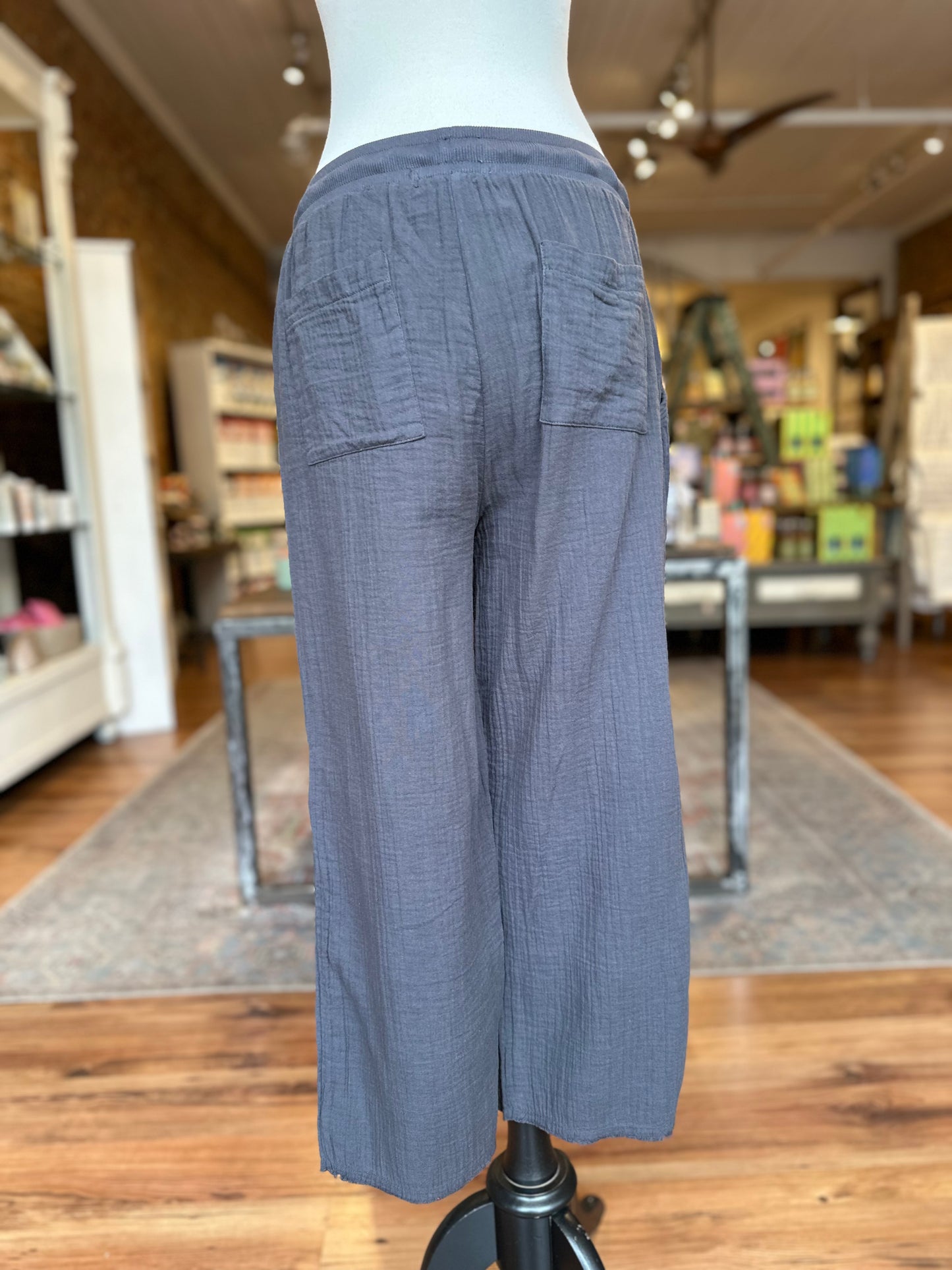 Ribbed Waist Midi Pants in Washed Ebony