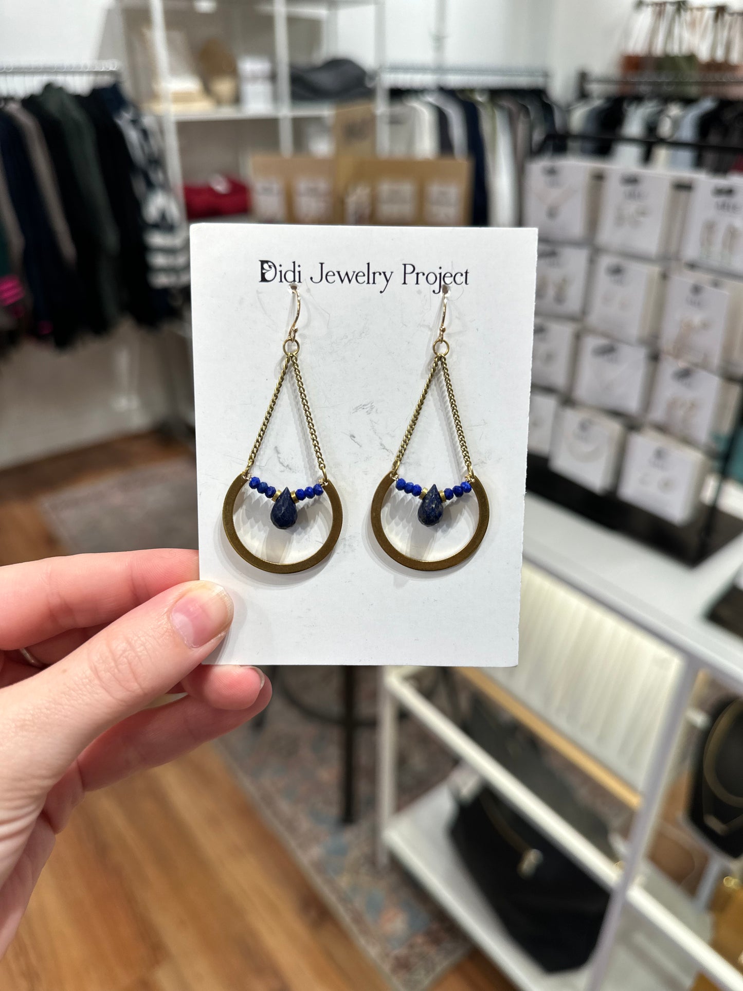 Gold New Moon Earrings in Lapis