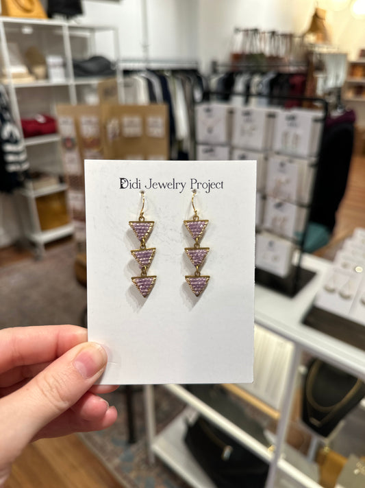 Gold Striking Triple Triangle Earrings in Amethyst